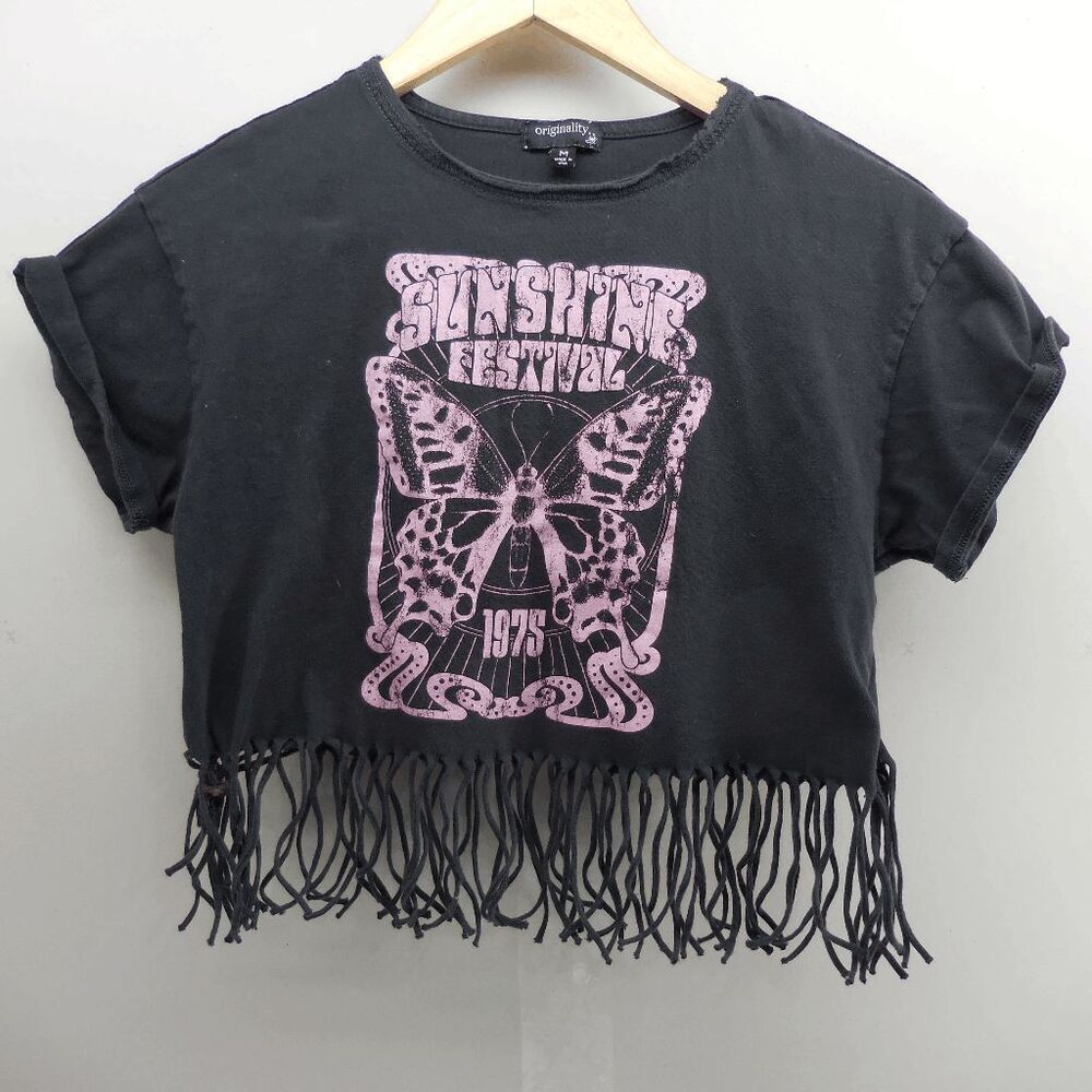 Originality Sunshine‎ Festival Crop Top Fringed Bottom T Shirt Womens Medium